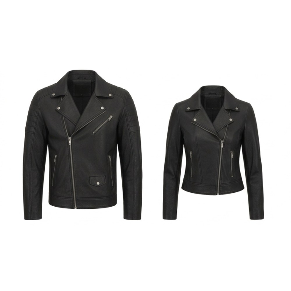 Matching Couple Black Biker Leather Jackets His Hers Gift Set