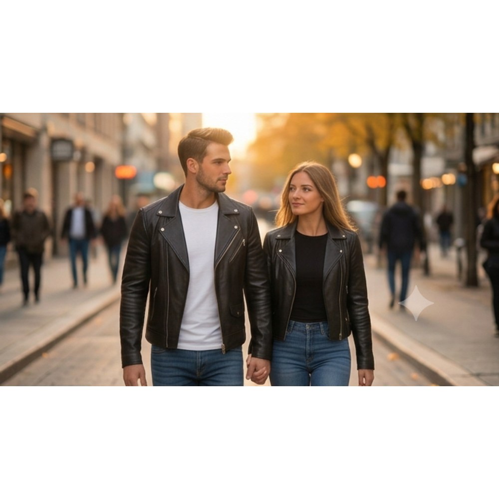 Matching Couple Black Biker Leather Jackets His Hers Gift Set view 4